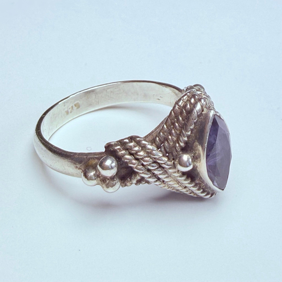 Amethyst .75 CT Solitaire Rope & Granule Sterling Silver 925 Vintage Boho Ring